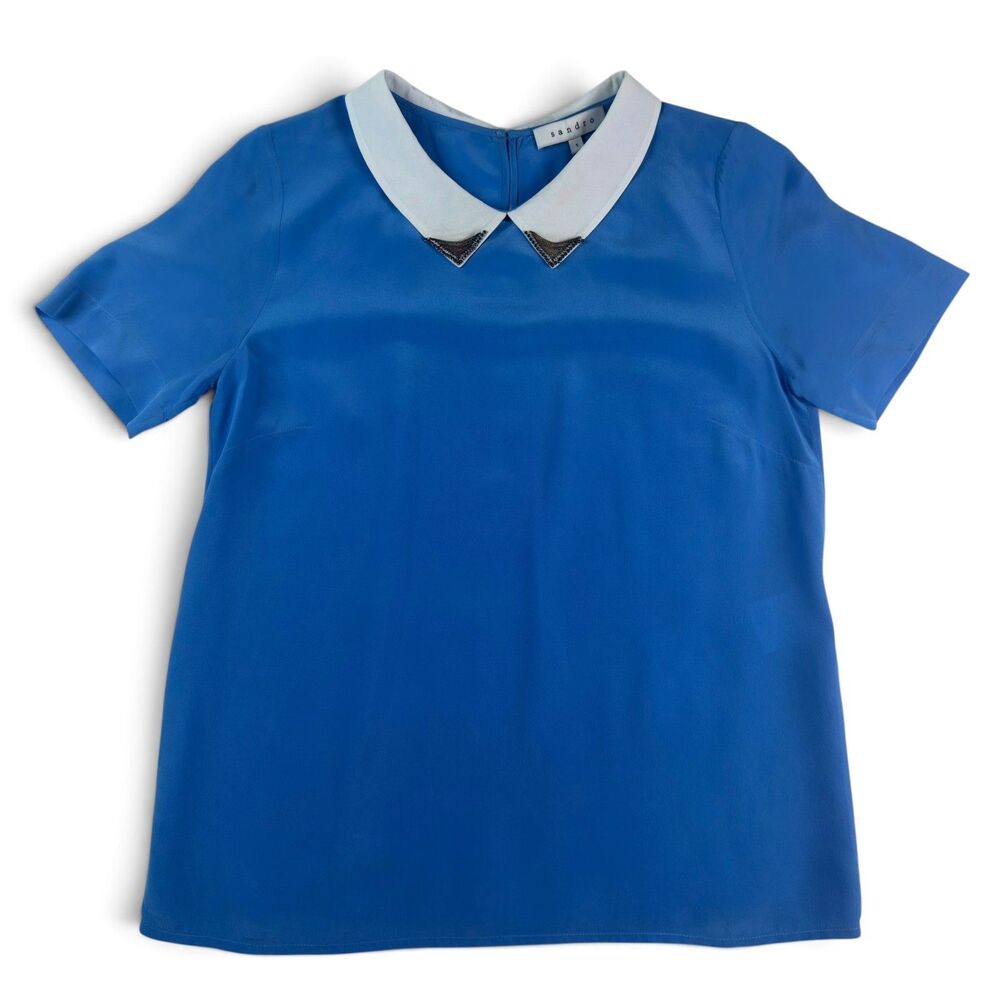 sandro 100% silk blue peter pan collar blouse embellished trim short sleeve sz 1